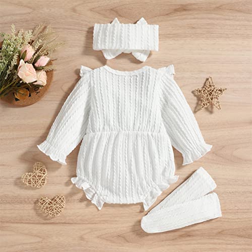 Grnshts Newborn Baby Girl Clothes Ruffle Solid Sweater Romper Long Sleeve Button Bodysuit+Hairband+Socks 3Pcs Fall Winter Outfits(White,6-9 Months) #TOP3
