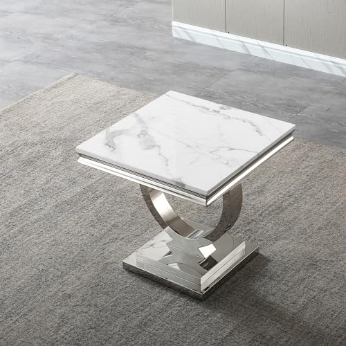 Shopbopp S001241 Modern Rectangular White Marble End Table, 0.71 Inch Thick Marble Top, U-Shape Stainless Steel Base With Silver Mirrored Finish For Living Room thumb #6