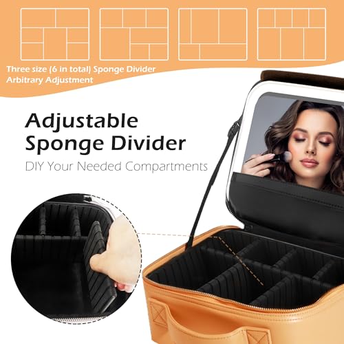 Image of MOMIRA Travel Makeup Bag Cosmetic Bag Makeup Organizer Bag with Lighted Mirror, Adjustable Brightness in 3 Color Scenarios, Waterproof Makeup Train Case, Gift for Women - Apricot(Woven)