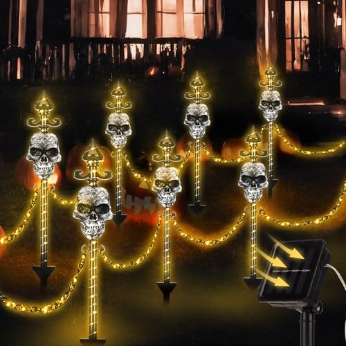CroBlissful 13 Set of Halloween Garden Fence with Solar Light Graveyard Decor Light up Halloween Lawn Stakes Pathway Decor with Connecting Chain for Outdoor Holiday Yard Decoration(Skull)