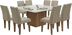 Conjunto Sala de Jantar Mesa Tampo Giratório 8 Cadeiras Siena Amsterdã Dobuê Cedro Off Areia