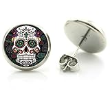 DianaL Boutique Silver Tone Glass Cabochon Gothic Skull Earrings Stud Post Art Picture Jewelry
