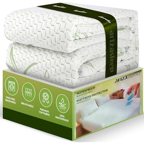 Ariza Sleep Waterproof Queen Mattress Protector - Rayon Made from Bamboo Fabric -Lightweight, Ultra Soft, Breathable Machine Washable Cotton Mattress Cover for Bed Cooling, White Cover