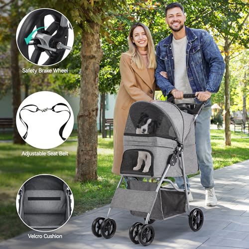 YITAHOME Haustierbuggy für mittelgroße Hunde, 4-Rad-Hundebuggy mit Aufbewahrungskorb, Faltbarer Haustier-Reisewagen mit Getränkehalter & Aufbewahrungskorb (Grau)