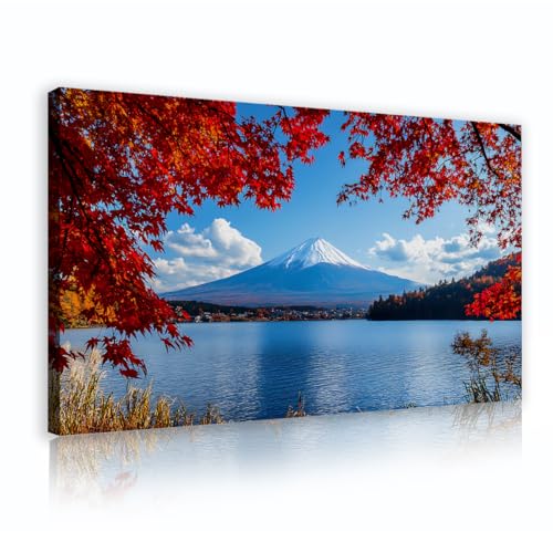Art mural sur toile du Mont Fuji avec feuilles d'érable et lac pour salon