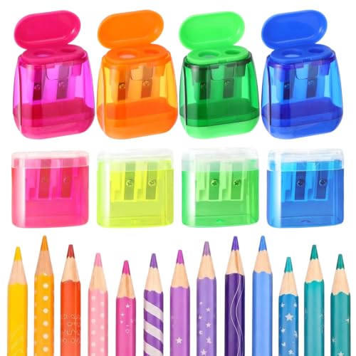 Pack de 8 Sacapuntas con Depósito y Tapa, Sacapuntas Doble Agujero Manual para Lápices Finos y Gruesos, Material Escolar y de Oficina, 4 Colores Variados, Maquinetas de Lápiz