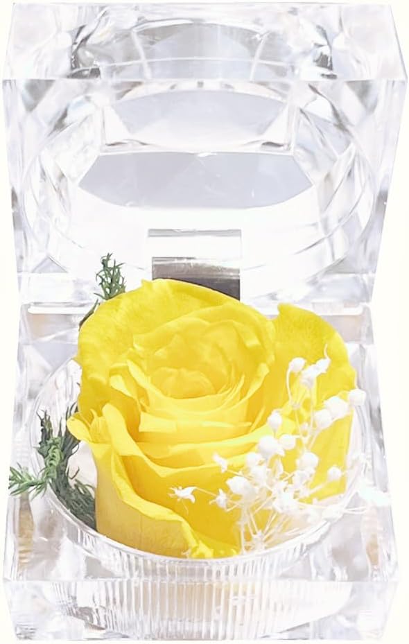 Preserved Rose Real Fresh Rose in Mini Clear Ring Box, Eternal Flower Rose Gifts for Women Mom Girlfriend Grandma, Mothers Day, Anniversary, Valentines, Christmas, Birthday (Yellow)