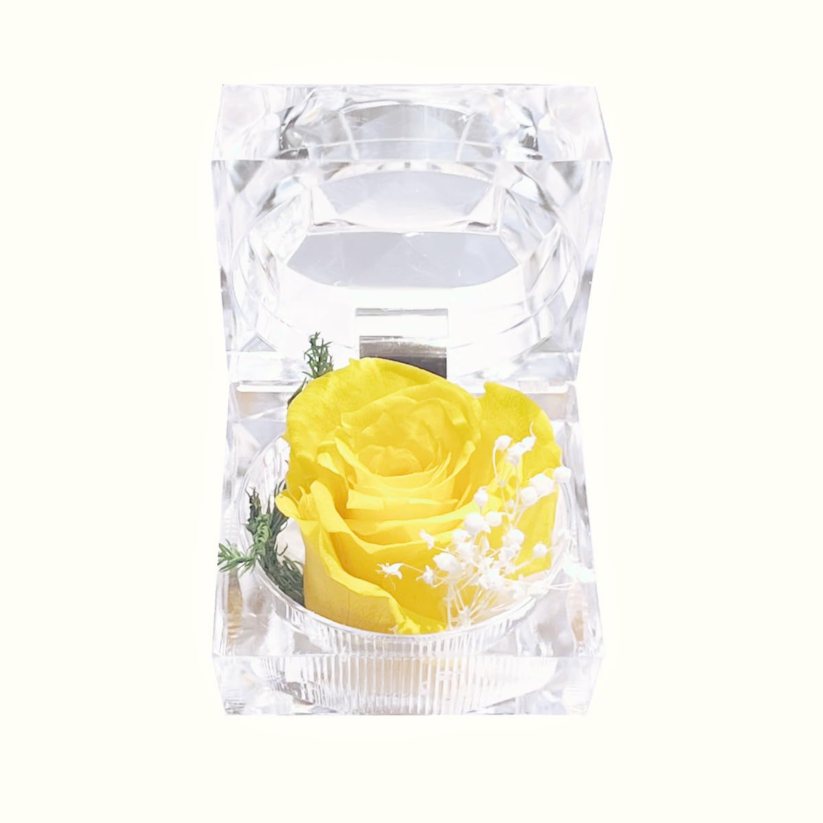 Preserved Rose Real Fresh Rose in Mini Clear Ring Box, Eternal Flower Rose Gifts for Women Mom Girlfriend Grandma, Mothers Day, Anniversary, Valentines, Christmas, Birthday (Yellow)