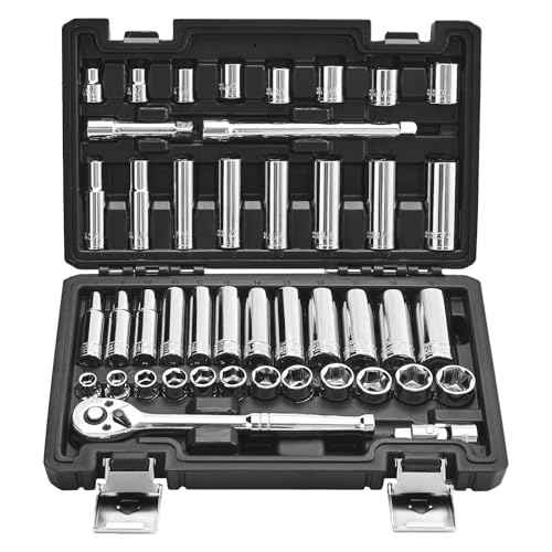 VEVOR Jeu de Douilles SAE et Métriques Profonds et Peu Profonds, Kit d'Outils de Mécanicien 44PCs, avec Clé à Cliquet à Entraînement 9,5 mm, Accessoires et Étui,...