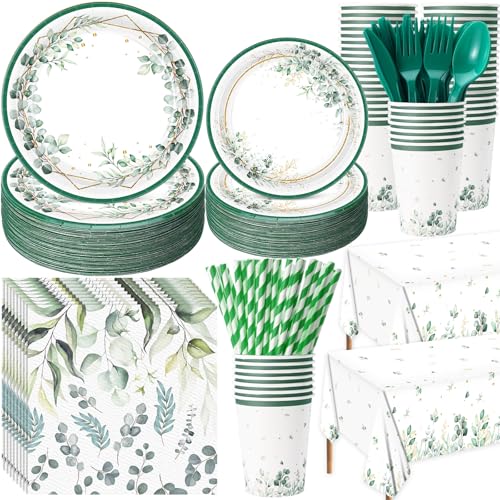 Image of Funnymoom 452 Pcs Sage Green Party Decorations for 50 Guests, Eucalyptus Theme Paper Plates Napkins Cups Tablecloth Cutlery Straws for Bridal Baby Shower Birthday Wedding Party Decorations Supplies