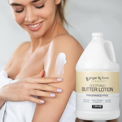Miniatura 6 de Ginger Lily Farms Club & Fitness Loción de mantequilla calmante para piel seca, 100% vegana y libre de crueldad, sin fragancia, recarga de 1 galón