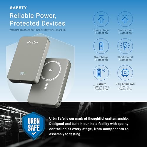 Image of URBN Slate Qi2 MagSafe Power Bank 10000mAh | 15W Magnetic Wireless Charging | 20W USB-C PD Fast Charging | LED Display | Premium Metallic Finish | 1 Year Warranty (Grey)
