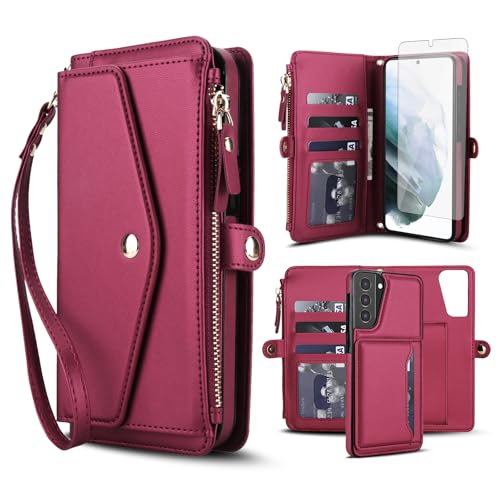Étui portefeuille Samsung S21 5G Asuwish rouge avec porte-cartes et bandoulière