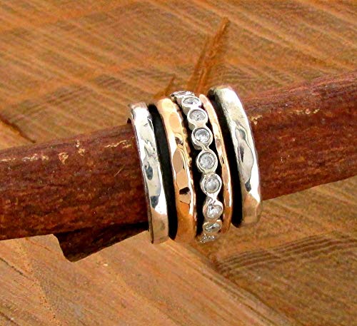 Zircon Spinner Ring For Woman, 925 Sterling Silver, Meditation Ring, Hammered Ring, Worry Ring, Wide Silver Ring, Rotating Ring