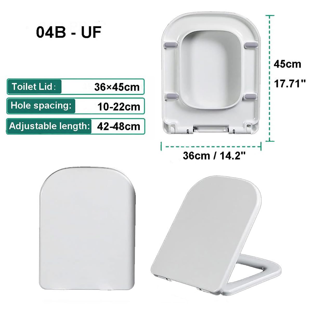 Asiento de inodoro cuadrado de cierre suave, color blanco, tapa de inodoro de baño 04E con fijación superior ajustable, bisagras de acero inoxidable, fácil montaje y limpieza (04B)