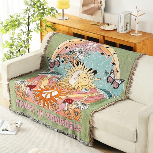 LumiSyne Manta De Doble Cara De Algodón Tejida con Borlas - Estilo Bohemio Selva Tapiz Mantón Decorativa para Sofá, Cama, Silla, Camping - Manteles Alfombra 160x130cm