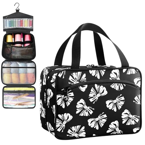 YNNALE Sewing Supply Organizer Bag, Black and White Bow Hand Draw Bows Portable Sewing Bags with Pockets&Hanger, Sewing Storage Box Case for Sew Supplies/Kit/Tools/Accessories (BAG ONLY)