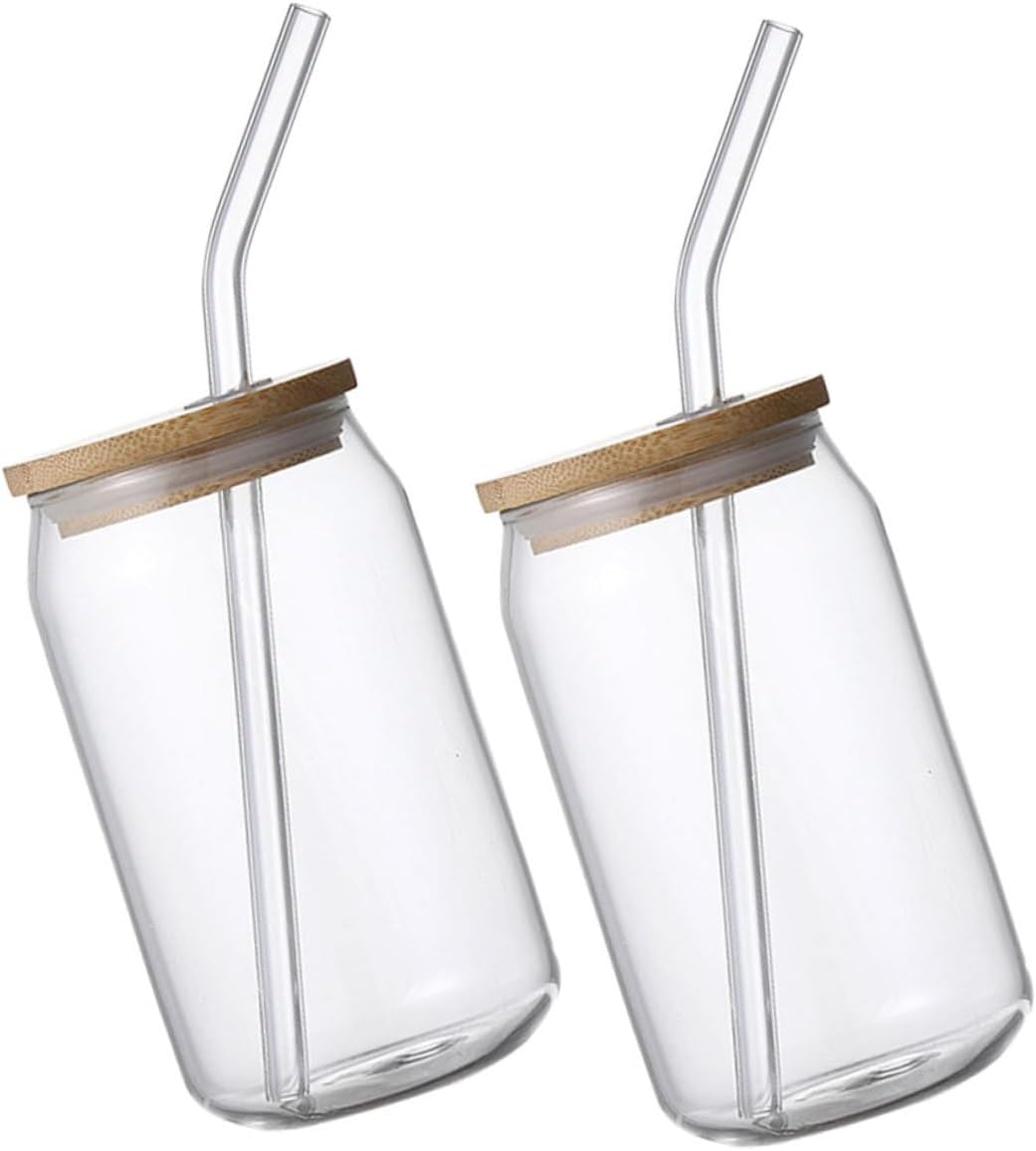 Ipetboom 2pcs Glass Water Cups with Lids and Straws Transparent Portable Beverage Holders for Iced Tea Juice Soda Easy to Clean Reusable Cold Drink Tumblers