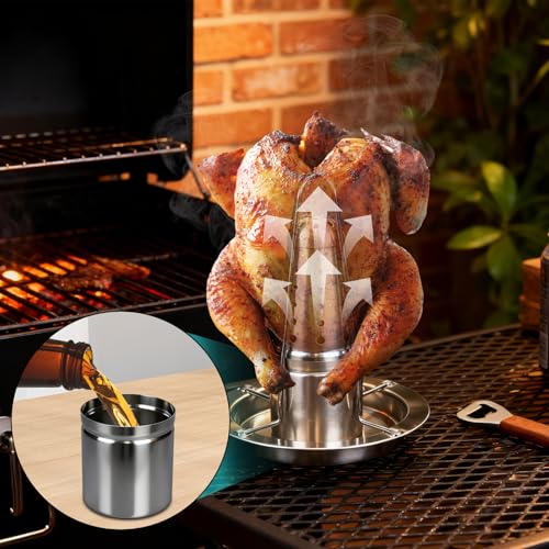 Runyu Hähnchenbräter, Edelstahl Hähnchengrill Hähnchenhalter Grill Hähnchengriller Geflügelbräter mit Abtropfschale Hähnchen Ständer für Backofen, Grill