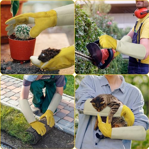 Image of HANDLANDY Rose Pruning Gloves for Men Women, Thorn Proof Gardening Gloves | Long Leather Gardening Gloves, Breathable Leather Gauntlet, Best Garden Gifts & Tools for Gardener (Butter Yellow, XL)
