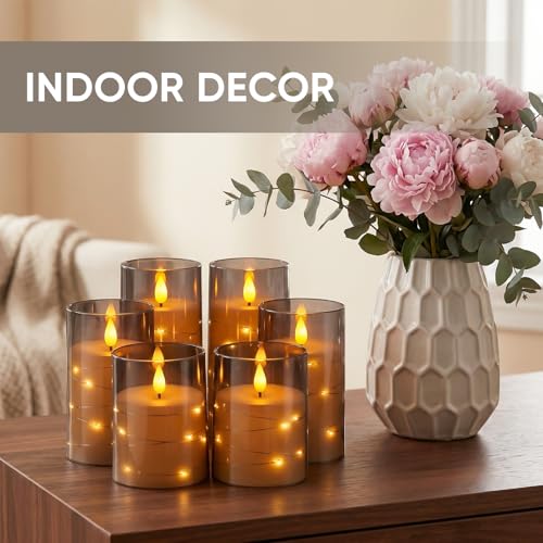 Image of Amagic Grey Battery Operated Candles with Embedded Fairy Lights, Acrylic Fake Pillar LED Flameless Candles with Remote and Timer for Wedding Home Decor, Set of 6, D3 x H4 5 inch 6 inch