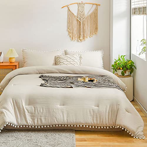 Beige Comforter Set Queen Size And Pom Pom Body Pillow Case Bundle #TOP2