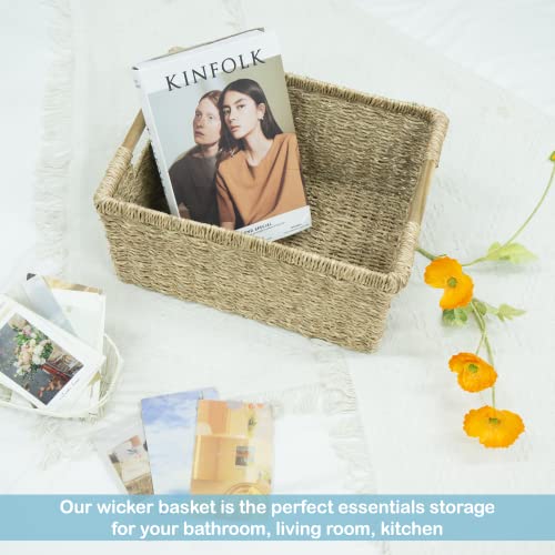 Large Wicker Storage Basket with Wooden Handles, Seagrass Basket for Shelves, Natural Wicker Bin With Handle for Storage 14.5 x 10.3 x 7.5 inches - Image 6