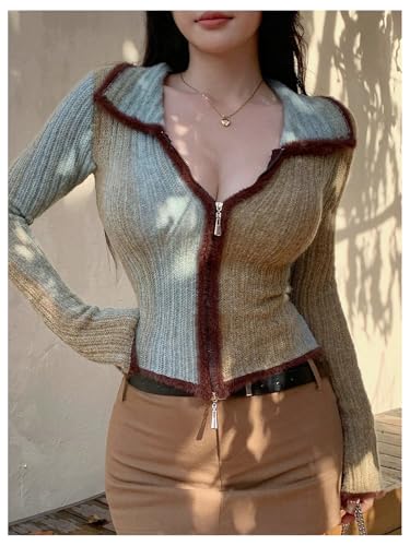 Image of SHENHE Women's Zip Up Cardigan Collared Long Sleeve Fitted Y2k Knit Crop Top Sweater Mint Green X-Large