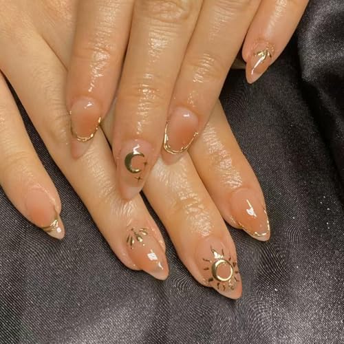 Image of Star Moon Press on Nails 3D Gold Fake Nails Short Almond False Nail with Design French Tip Glue on Nails Glossy Artificial Acrylic Full Cover Ombre Stick on Nail for Women Manicure 24Pcs