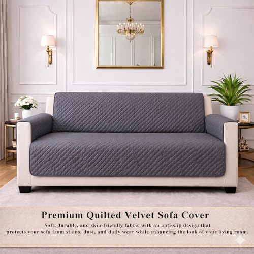 Image of STITCHNEST 'Airsoft Range Series' Solid Quilted Velvet Sofa Cover for 3 Seater | Premium Soft Velvet Sofa Protector | Grey Diamond Quilted Design with Armrest Pockets | Furniture Cover
