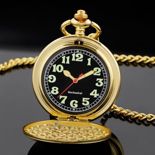 Image of Mens Pocket Watch Skeleton Mechanical Hand Winding Half Hunter Silver Black Golden Case Roman Numerals with Gift Box