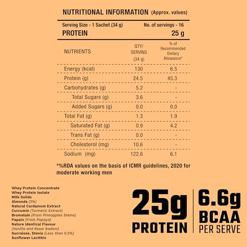 Image of Foodstrong Whey Protein Powder (Concentrate + Isolate), 100% Hormone Free Grass-Fed Whey, 25G Protein & 6.6G BCAA, Haldi Badam, With Turmeric & Digestive Enzymes, 16 Sachets, 544G