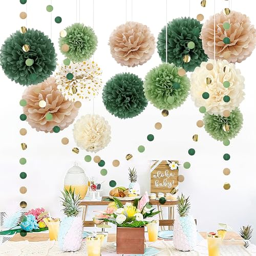 Snowtain Pompons Papier de Soie Vert 12 pièces Papier Fleur Pompon Vert Sauge Guirlande pour Mariage,Décoration de Baby Shower,Bal de Fin d'année,...