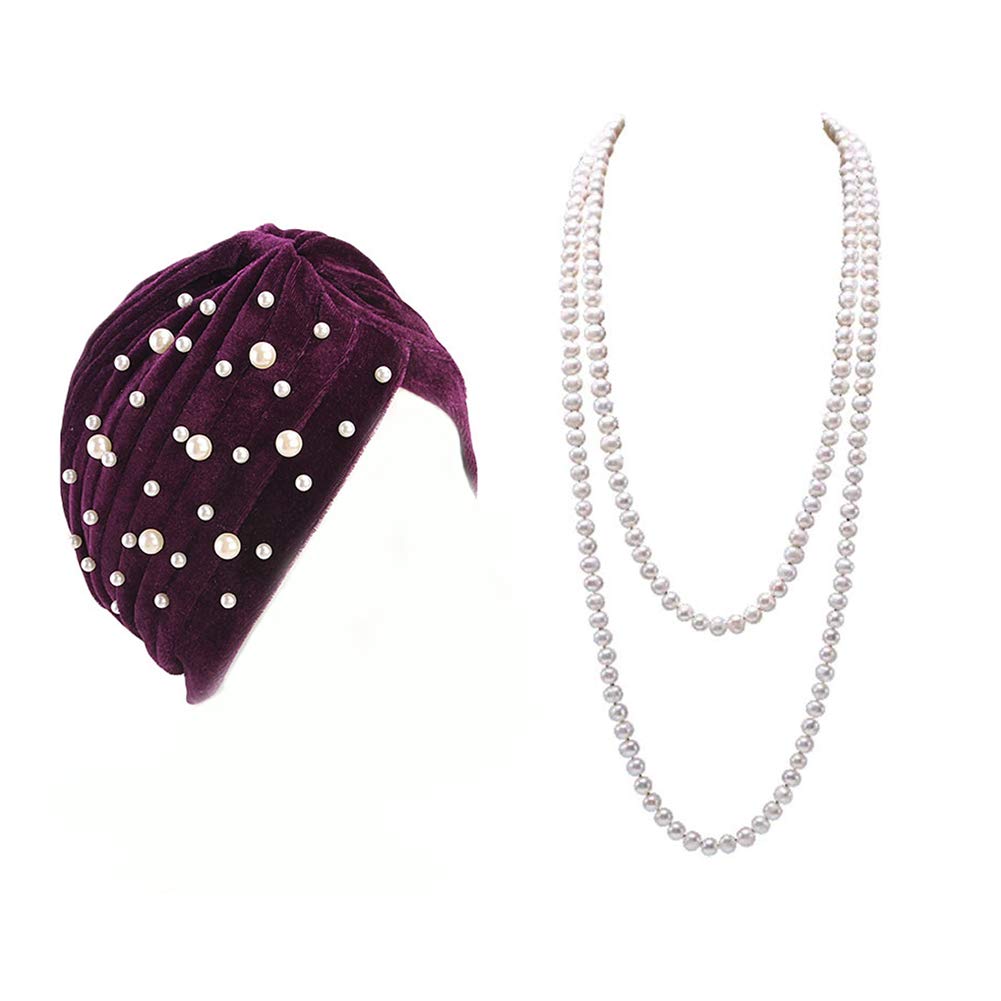 1920s Flapper Pink Black Silver Ruby Turban Cap Elastic Knit Headwrap with Necklace Cosplay Party Costume Accessory for Women