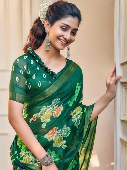 Image of SARETRA MALL Women's Cotton Printed Zari Stripe Saree With Unstitched Blouse Piece