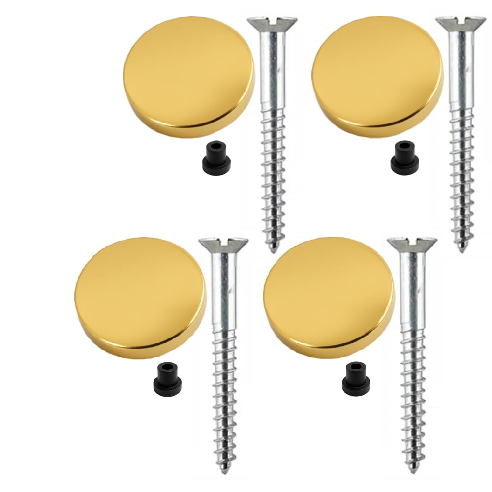 20mm Polished Brass Flat Caps – Pack of 4 x 38mm Zinc Mirror Screws with Rubber Washers, Waterproof & Rust-Proof