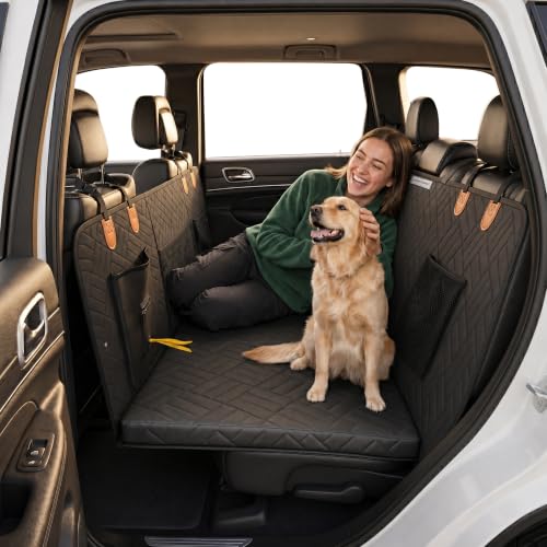 Paw Rider Dog Back Seat Extender - Premium Hard Bottom with Thick Foam Waterproof Heavy Duty Pet Hammock for Cars Trucks & SUVs. No-Sag Bridge Mesh Window & Bonus Accessories (Black)