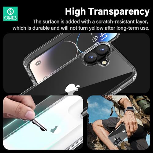 Image of ONES for iPhone 16 Plus Slim Case Clear, [PC + TPU Hybrid][Military-Grade Drop Protection][Anti-Yellowing], Shockproof Silicone Hard Cover, Transparent Case