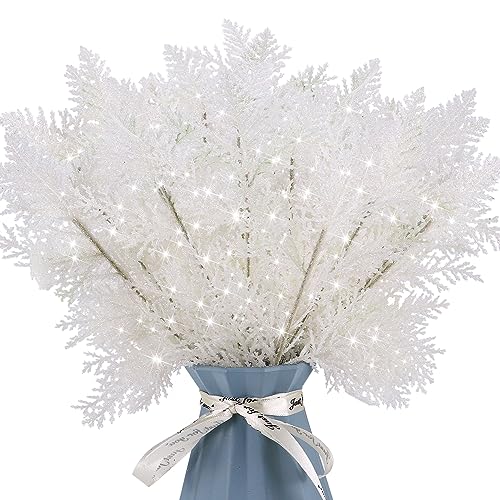 Kunjocy 20Pcs Christmas Tree Picks Sprays 10.4 Glitter Artificial Pine Needles Branches Twigs Fake Pine Stems Picks for Xmas Tree Holiday Arrangement Crafts DIY Garland Wreath Home Decor (20 White)
