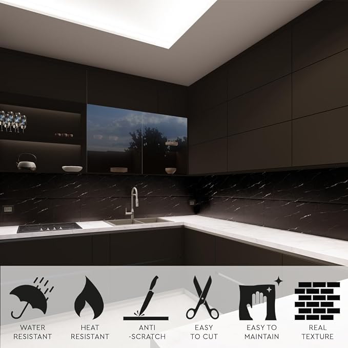 GGEROU 12Pcs Peel and Stick Backsplash Tile,15.7 x 31.4 inch PVC Subway Tile,Self Adhesive Marble Floor Tile Stickers Peel and Stick Flooring,Shower Tiles Peel and Stick Wall Tiles Waterproof (Black)