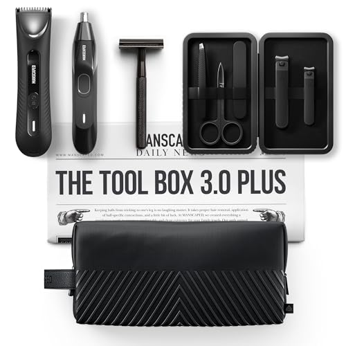 MANSCAPED® Tool Box 3.0 Plus with: The Lawn Mower® 3.0 Plus Groin Hair Groomer, Weed Whacker® 2.0 Nose Hair Trimmer, The Plow® 2.0 Razor, The Shears 3.0 Five Piece Nail Kit, The Shed 2.0 Toiletry Bag
