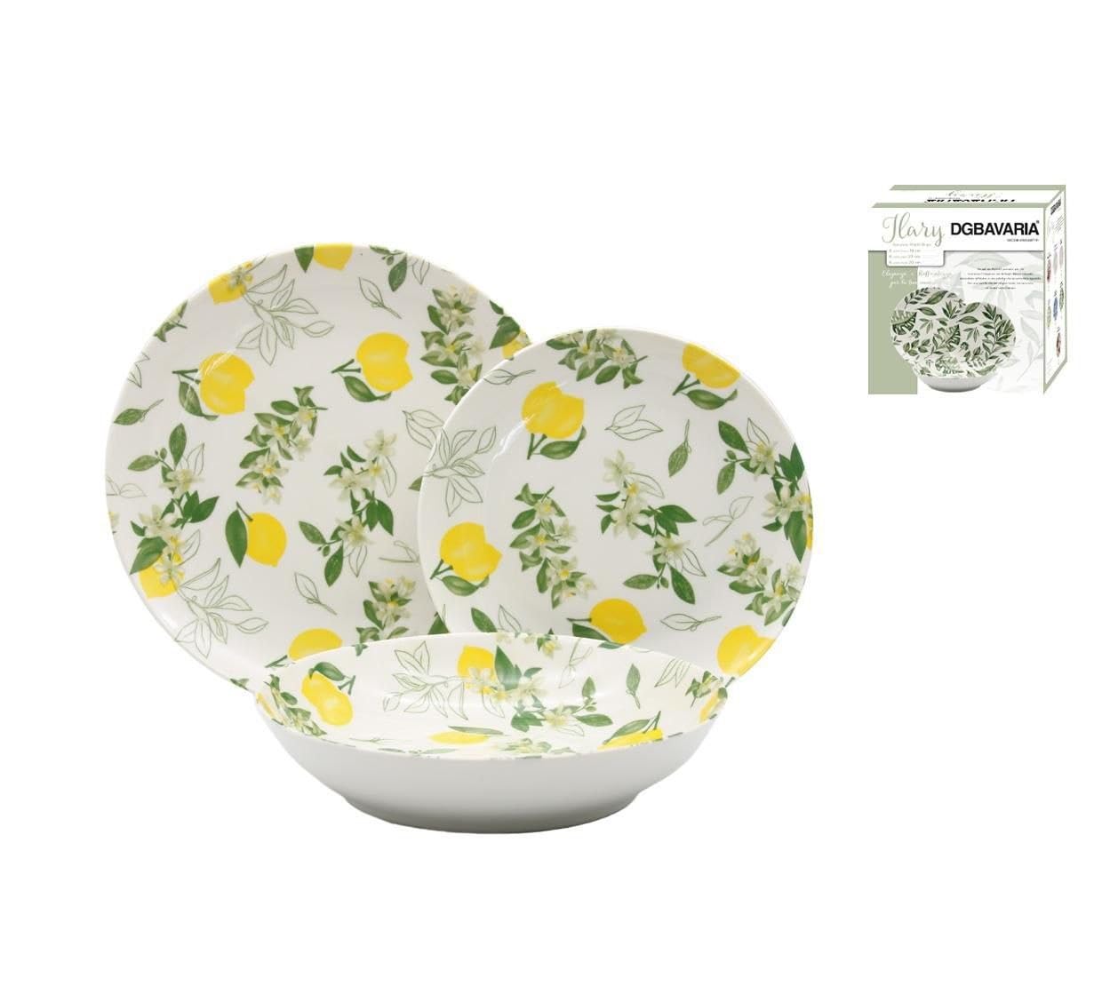 Servizio Piatti 18 Pezzi – Collezione in Pregiata Porcellana – Set Tavola Moderno per 6 Persone – Diverse Fantasie Disponibili, (Limoni)