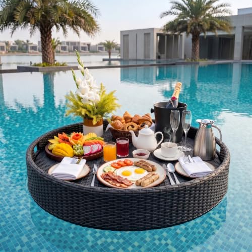 Image of BRISHI Luxury Floating Serving Tray | Swimming Pool Floats for Adults for Sandbars, Spas, Bath, and Parties | Floating Tray for Pool Serving Drinks, Brunch, Food on The Water (Black)