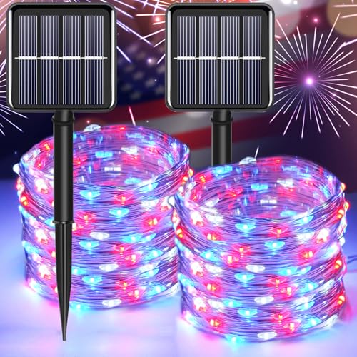 YAOZHOU 4th of July Patriotic Decorations,Red White Blue Solar Fairy String Lights Outdoor Waterproof, 2Pack Total 200LED 66Ft,IP67 8 Modes Outside Memorial Day for Garden,Patio, Yard