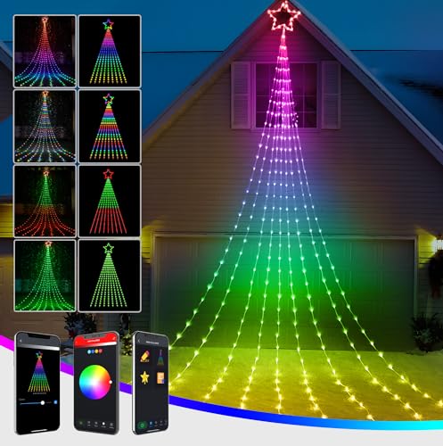 Smart Outdoor Christmas Decorations, 434 LEDs 22.9Ft Christmas Lights App Control, Dynamic RGB Waterfall Christmas Tree Lights, DIY Modes, Waterproof Topper Star Schedule for Yard Patio Xmas Décor Smart Outdoor Christmas Decorations, 434 LEDs 22.9Ft Christmas Lights App Control, Dynamic RGB Waterfall Christmas Tree Lights, DIY Modes, Waterproof Topper Star Schedule for Yard Patio Xmas Décor