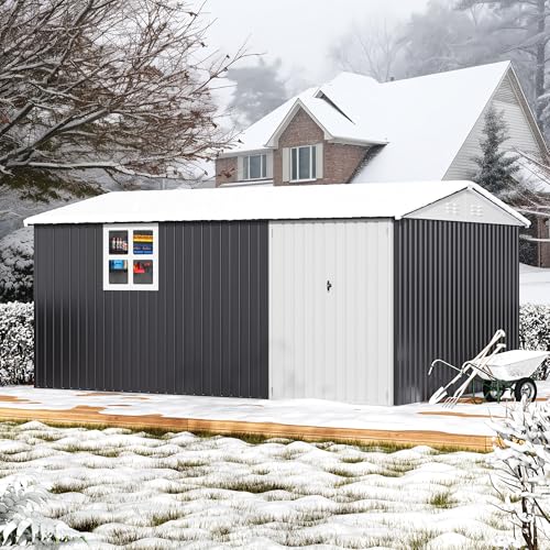 Image of AirWire 14x10 FT Outdoor Metal Storage Shed with Window, Heavy-Duty Galvanized Steel Tool Shed with Lockable Doors, Waterproof Garden Shed for Backyard, Patio, Lawn, Black