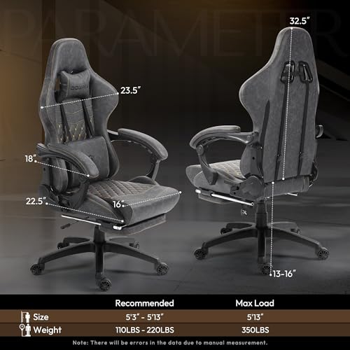 Dowinx Gaming Chair Big and Tall, Ergonomic Computer Chair with Footrest and Massage Lumbar Support, High Back Comfortable Gamer Chair for Adults 350Lbs PU Leather for Office Game, Grey