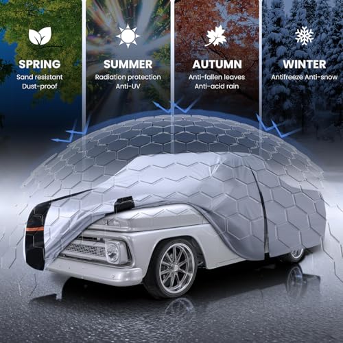 Image of Multi-Layer Ford F100 Truck Cover, Custom fit F100 1953-1983 Regular /Extended /Crew Cab SB(6.4'-6.5') Car Cover Waterproof All Weather, Full Exterior Cover Rain Wind and UV Protection with Door Zipper
