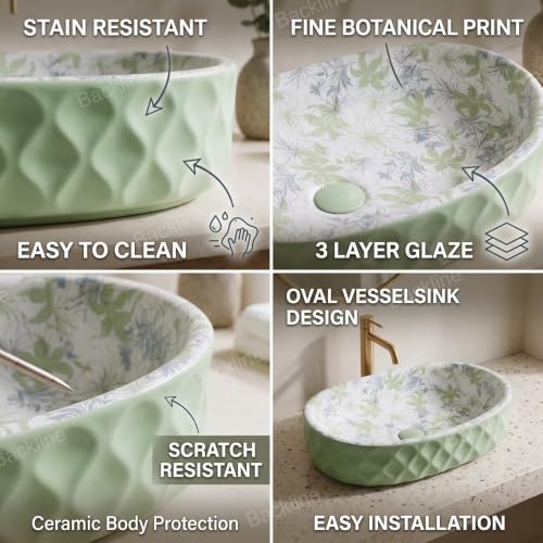 Image of Backline 20x13.5x5.5 Inches Table Top Wash basin | Basin for Bathroom | Countertop Bathroom Basin For Restaurant /Dining Hall /Living Room (Light Green)