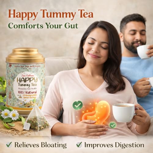Image of Sancha Tea Boutique, Happy Tummy Tea, Caffeine Free Herbal Tisane, 25 Pyramid Bags, Digestive Drink, Tummy Detox